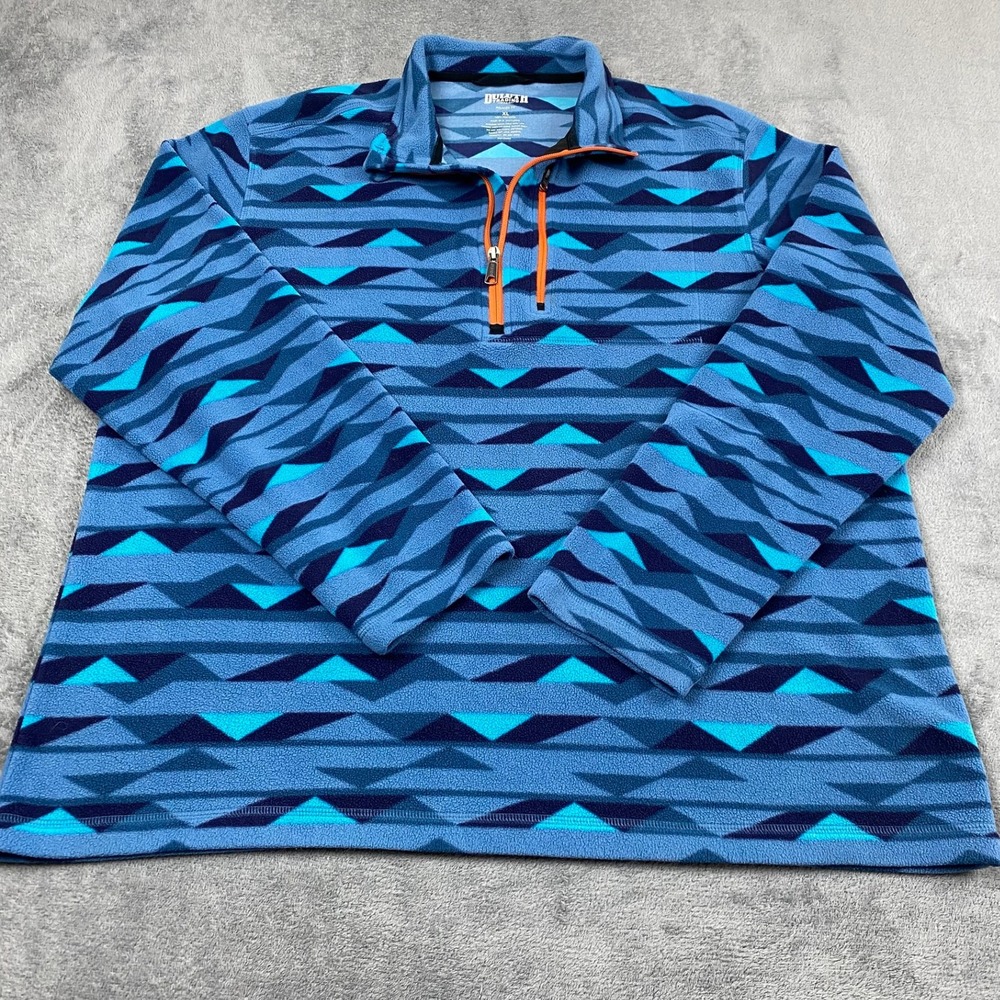 Duluth Mens XL Fleece Pullover Quarter Zip Blue Geometric Outdoor Hiking Camping